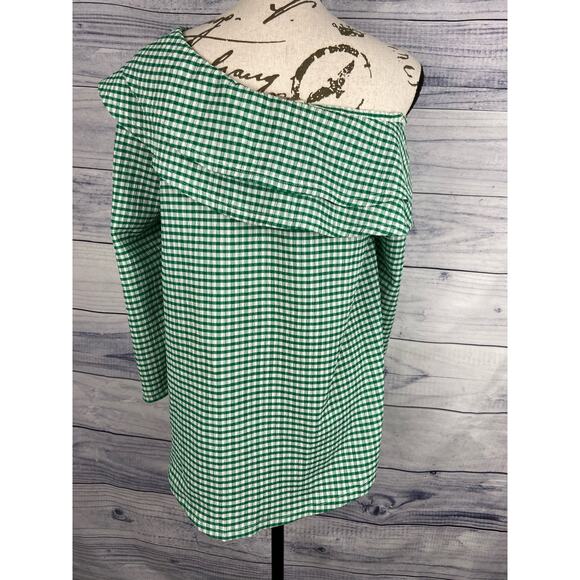 Cato One Shoulder Ruffle Blouse Top Women Size Medium Green Gingham Stretch - Picture 3 of 12
